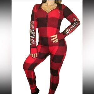 Victoria’s Secret PINK Thermal Long Jane One Piece PJ Red Plaid Bling Sz M NWT